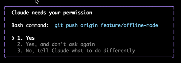 A real capture of a coding agent's permission prompt, streamed live to the phone.